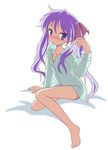  barefoot blue_eyes blush bottomless dress_shirt hair_ribbon hiiragi_kagami long_hair lucky_star mel_(melty_pot) purple_hair ribbon shirt solo twintails 