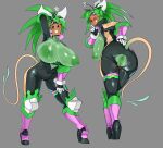  1girl anus ass black_bodysuit blaster_master_zero blaster_master_zero_2 blush_stickers bodysuit breasts colored_skin flower flower_on_head green_hair green_skin highres huge_breasts kanna_(blaster_master_zero) mdthetest monster_girl nipples object_insertion one_eye_closed pussy sex_toy tail torn_clothes vaginal vaginal_object_insertion vibrator 