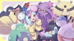  1girl :d absurdres bellibolt bow-shaped_hair character_hair_ornament commentary_request electivire electrodes green_hair hair_ornament happy highres iono_(pokemon) izmiann jacket kilowattrel long_hair looking_at_viewer luxray mismagius multicolored_hair open_mouth pink_hair pokemon pokemon_(creature) pokemon_sv purple_eyes rotom rotom_phone smile two-tone_hair voltorb yellow_jacket 