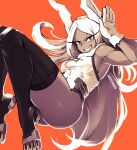  1girl animal_ears black_thighhighs boku_no_hero_academia breasts commentary dark-skinned_female dark_skin full_body gloves grin highres long_hair looking_at_viewer medium_breasts mirko miss_faves muscular muscular_female orange_background rabbit_ears red_eyes simple_background smile solo teeth thighhighs white_gloves white_hair 