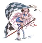  1girl asymmetrical_footwear ayacho bare_shoulders blue_eyes blue_shirt blue_skirt blush braid breasts checkered_flag cleavage draph elbow_gloves flag gloves granblue_fantasy hair_ornament hair_over_one_eye highres holding holding_sword holding_weapon horns katana large_breasts long_hair looking_at_viewer narmaya_(granblue_fantasy) navel open_mouth pointy_ears purple_hair race_queen shirt skirt smile solo sword thigh_strap thighhighs very_long_hair weapon 