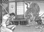  animal blood bloody_weapon comic duel fighting_stance greyscale highres holding holding_sword holding_weapon hollow_eyes irako_seigen iwamoto_kogan katana long_hair manly monochrome mouth_hold no_pupils non-web_source one_knee outdoors planted_sword planted_weapon reverse_grip round_window shigurui shouji sliding_doors sword tiger veranda weapon window 