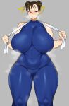 1girl alternate_breast_size blush breasts chamchami chun-li curvy highres huge_breasts large_breasts plump simple_background solo street_fighter street_fighter_zero_(series) 