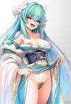  1girl bare_shoulders blush breasts collarbone dragon_girl dragon_horns fate/grand_order fate_(series) female_pubic_hair green_hair green_kimono highres horns japanese_clothes kimono kiyohime_(fate) long_hair long_sleeves looking_at_viewer medium_breasts multiple_horns nipple_slip nipples no_panties obi off_shoulder open_mouth pubic_hair sash smile solo thighhighs thighs white_thighhighs wide_sleeves wisespeak yellow_eyes 