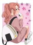 1girl backpack bag black_socks commentary_request eating edomon-do food from_behind highres hisame_(mona_lisa_no_zaregoto) holding holding_food hood hoodie long_hoodie long_sleeves mona_lisa_no_zaregoto onigiri pink_hoodie red_eyes red_hair sitting socks solo white_footwear 