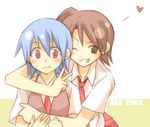  akashi_yuuna blush grin heart hug hug_from_behind izumi_ako lowres mahou_sensei_negima! multiple_girls one_eye_closed smile v 