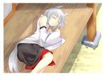  animal_ears bare_shoulders black_skirt building closed_eyes detached_sleeves feet_out_of_frame fetal_position from_behind inubashiri_momiji long_sleeves ogami_kazuki outdoors pillar silver_hair skirt sleeping solo touhou wolf_ears wooden_floor 