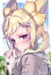  1girl absurdres animal_ears blonde_hair blurry blurry_background blurry_foreground blush commentary_request embarrassed flower fox_ears fox_girl from_side grass hair_twirling hand_up heart heart-shaped_pupils highres hololive kio_is_here long_hair looking_at_viewer multicolored_hair official_alternate_costume omaru_polka omaru_polka_(3rd_costume) pink_hair portrait purple_eyes side_ponytail solo streaked_hair symbol-shaped_pupils virtual_youtuber white_flower 