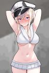  1girl armpits arms_behind_head arms_up ass_visible_through_thighs bikini bikini_skirt blonde_hair blue_eyes blush breasts commission cosplay furaggu_(frag_0416) graf_zeppelin_(kancolle) hair_between_eyes hat highres kantai_collection large_breasts long_hair looking_at_viewer navel nipples nose_blush peaked_cap pixiv_commission sailor_bikini sailor_collar sidelocks solo standing stomach swimsuit twintails white_bikini white_sailor_collar z1_leberecht_maass_(kancolle) z1_leberecht_maass_(kancolle)_(cosplay) 