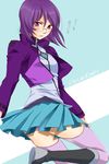  blush boots breasts genderswap genderswap_(mtf) glasses gundam gundam_00 highres kumano_yuzuko medium_breasts panties pantyshot purple_eyes purple_hair red_eyes short_hair skirt solo thighhighs tieria_erde underwear uniform 