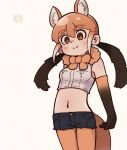  1girl animal_ears bare_shoulders brown_eyes brown_hair elbow_gloves extra_ears gloves highres japari_symbol kemono_friends long_hair looking_at_viewer maned_wolf_(kemono_friends) navel pantyhose scarf shirt shorts simple_background sleeveless sleeveless_shirt solo sorairo_meronpan tail twintails wolf_ears wolf_girl wolf_tail 