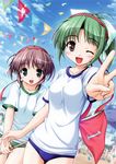  :d ;d asagiri_mai bekkankou blue_eyes brown_hair buruma confetti flag green_hair gym_uniform headband multiple_girls numbered_flag one_eye_closed open_mouth ponytail smile sports_festival tooyama_midori v yoake_mae_yori_ruri_iro_na 