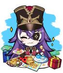  1girl :t ^_^ absurdres black_headwear box chevreuse_(genshin_impact) chibi closed_eyes commentary_request eyepatch facing_viewer food french_fries genshin_impact gift gift_box hat highres holding holding_food long_hair macaron mole mole_under_mouth multicolored_hair onion_rings purple_hair shako_cap smile solo streaked_hair tegitsune upper_body very_long_hair white_hair 