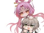  2girls bare_shoulders chibi closed_mouth commentary_request dokomon floating_hair forehead_jewel fu_xuan_(honkai:_star_rail) green_eyes grey_hair hair_between_eyes hair_ornament hair_rings hairclip hand_on_another&#039;s_head hands_up highres honkai:_star_rail honkai_(series) korean_commentary long_hair low_twintails multiple_girls orange_eyes parted_bangs pink_hair qingque_(honkai:_star_rail) simple_background twintails v-shaped_eyebrows very_long_hair white_background 