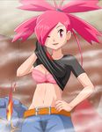  asuna_(pokemon) bra gen_2_pokemon lingerie lowres magcargo pee peeing pokemoa pokemon pokemon_(creature) shirt_lift solo sweat underwear 