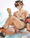  1boy abs ahoge arknights bare_pectorals belt black_hair blush bryophyta_(arknights) clothing_aside cum cumdrip dyed_ahoge erection food hair_over_eyes headband highres holding holding_food holding_sandwich id_card itsme_takk jacket jacket_partially_removed looking_ahead male_focus pectorals penis pink_hair short_hair shorts shorts_aside solo_focus toned toned_male uncensored 