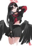  1girl arm_behind_head armband black_choker black_gloves black_hair black_sailor_collar black_serafuku black_shirt black_skirt black_wings blue_archive choker cropped_shirt feathered_wings gloves grey_eyes hair_ornament hairclip halo hashtag_only_commentary head_tilt highres ichika_(blue_archive) long_hair looking_at_viewer low_wings midriff navel nillith one_eye_closed open_mouth parted_bangs pleated_skirt red_armband red_halo sailor_collar school_uniform serafuku shirt simple_background skirt smile solo white_background wings 