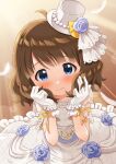 1girl blue_eyes blue_flower blue_rose blush breasts brown_hair closed_mouth dot_nose dress falling_feathers flower frilled_dress frills from_above gloves goma_konbu hand_on_own_face hands_up hat hat_flower hat_ribbon highres idolmaster idolmaster_million_live! idolmaster_million_live!_theater_days lens_flare lens_flare_abuse looking_at_viewer looking_up ribbon ribbon-trimmed_gloves ribbon_trim rose see-through see-through_sleeves short_hair short_sleeves shy small_breasts solo suou_momoko wavy_hair wavy_mouth white_dress white_gloves white_headwear yellow_ribbon 