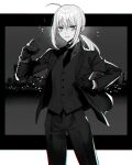  1girl adjusting_clothes ahoge artoria_pendragon_(fate) city closed_mouth collared_shirt cowboy_shot fate/zero fate_(series) gloves greyscale hand_up jacket kanitama_(putyourhead) letterboxed light_smile looking_at_viewer medium_hair monochrome necktie open_clothes open_jacket pant_suit pants ponytail saber_(fate) shirt sidelocks skyline solo suit vest 