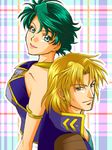  1girl aya_kobayashi back-to-back bare_shoulders blonde_hair green_hair lowres raidese_f_branstein short_hair super_robot_wars super_robot_wars_original_generation 