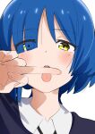  1girl blue_hair bocchi_the_rock! highres looking_at_viewer middle_finger mole mole_under_eye open_mouth portrait sakura_1110ssmm short_hair simple_background solo tongue tongue_out white_background yamada_ryo yellow_eyes 