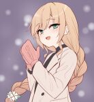  1girl :d blonde_hair blurry blurry_background blush braid character_request coat copyright_request flat_chest green_eyes hair_between_eyes long_braid long_hair looking_at_viewer mittens open_mouth own_hands_together second-party_source shimokirin single_braid smile solo upper_body very_long_hair winter winter_clothes 