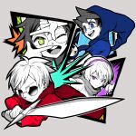  2boys 2girls animal_ears black_hair blue_eyes blue_hood blue_shirt buck_teeth cape closed_mouth colored_skin commentary_request dave_strider dog_ears finger_frame glasses green_eyes grey_background hairband holding holding_sword holding_weapon homestuck jade_harley john_egbert light_frown limited_palette looking_at_viewer multiple_boys multiple_girls nijuu open_mouth purple_eyes purple_hairband rectangular_eyewear red_cape red_tunic rose_lalonde round_eyewear semi-rimless_eyewear shirt smile sunglasses sword teeth under-rim_eyewear upper_teeth_only v-shaped_eyebrows weapon white_hair white_skin 