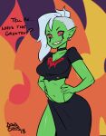 2018 absurd_res alien alien_humanoid bottomwear breasts choker cleavage clothed clothing crop_top darkeros dialogue disney ear_piercing ear_ring ellipsis english_text eyebrows female green_body green_skin grin hair hi_res humanoid humanoid_pointy_ears jewelry long_hair looking_at_viewer lord_dominator midriff necklace noseless not_furry piercing pink_eyes pink_sclera portrait ring_piercing shirt signature smile solo standing teeth text three-quarter_portrait topwear wander_over_yonder white_hair