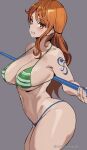  1girl ashiomi_masato ass bare_shoulders bikini blush breasts cleavage collarbone cowboy_shot green_bikini grey_background grin highres large_breasts long_hair looking_at_viewer nami_(one_piece) navel one_piece orange_eyes orange_hair polearm simple_background smile solo staff stomach swimsuit tattoo thighs twitter_username weapon 