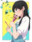  1girl aqua_background biting black_hair blue_overalls blush confetti earrings eating edomon-do eyelashes food food-themed_earrings food_on_face from_side hands_up heart highres holding holding_food holding_ice_cream holding_spoon ice_cream jewelry kuroha_(mona_lisa_no_zaregoto) long_hair looking_ahead mona_lisa_no_zaregoto outside_border overalls profile shirt short_sleeves soft_serve solo spoon star_(symbol) triangle two-tone_background upper_body white_background white_shirt yellow_background 