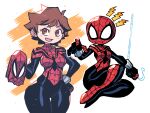  1girl absurdres animification breasts brown_hair green_eyes hair_between_eyes hand_on_own_hip highres holding holding_mask marvel mask mayday_parker medium_breasts rariatto_(ganguri) short_hair smile solo spider-girl spider-man_(series) spider_web_print superhero white_background wide_hips 