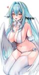  1girl bare_shoulders bikini black_hair blue_hair blush breasts cleavage commentary crossed_bangs detached_sleeves double-parted_bangs feathered_wings gradient_hair hair_between_eyes hair_intakes hair_ornament highres large_breasts long_hair looking_at_viewer low_wings multicolored_hair navel open_mouth original smile solo stomach swimsuit symbol-only_commentary thighhighs two-tone_hair very_long_hair white_bikini white_thighhighs white_wings wings x_hair_ornament yellow_eyes yuniiho 