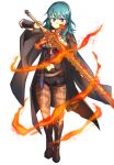  absurdres belt blue_eyes blue_hair bodice byleth_(female)_(fire_emblem) byleth_(fire_emblem) cape clothing_cutout dagger fire fire_emblem fire_emblem:_three_houses fire_emblem_(tiger_&amp;_bunny) flaming_sword flaming_weapon highres inarin_(user_tgfg4783) knife midriff navel navel_cutout pantyhose pantyhose_under_shorts patterned_legwear print_pantyhose shorts simple_background sword_of_the_creator vambraces weapon white_background 