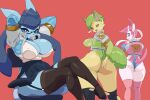 anthro big_breasts blue_body blue_fur breasts canid cleavage clothed clothing eeveelution eyewear female fur generation_4_pokemon generation_6_pokemon glaceon glasses group hi_res jacket juzztie leafeon legwear mammal nintendo nipple_outline pink_body pink_fur pokemon pokemon_(species) simple_background stockings sylveon tail tan_body tan_fur thick_thighs topwear torn_clothing torn_legwear trio white_body white_fur