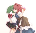  blue_eyes blush closed_eyes coin commentary_request gift green_hair hair_bobbles hair_ornament kiss kitsune_maru multiple_girls onozuka_komachi red_hair ribbon shiki_eiki tassel touhou two_side_up yuri 