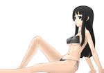  akiyama_mio arm_support bad_id bad_pixiv_id barefoot bikini black_bikini black_eyes black_hair breasts hime_cut k-on! long_hair medium_breasts navel official_style open_mouth parted_lips side-tie_bikini simple_background solo strap_gap sweta_(sakerflc) swimsuit underboob 