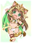  animal_ears ankle_lace-up anklet barefoot bastet_(p&amp;d) brown_hair cat_ears cat_tail cross-laced_footwear crown egyptian fang green_eyes jewelry kuroneko_liger long_hair midriff open_mouth puzzle_&amp;_dragons solo tail 