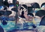  bad_id bad_pixiv_id black_dress black_eyes black_hair bubble dress floating highres merdell original rain short_hair signature solo traffic_light tunnel umbrella umbrella_riding 