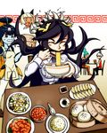  animal_ears apron aqua_hair bamboo_steamer baozi blue_skin breasts cat_ears cerebella_(skullgirls) cha_shibu chinese_clothes chopsticks dumpling eating feng_(skullgirls) filia_(skullgirls) fins fish_girl food fried_rice hair_ornament high_ponytail jiaozi medium_breasts minette_(skullgirls) monster_girl ms._fortune_(skullgirls) multiple_girls noodles pink_eyes restaurant rice samson_(skullgirls) scales severed_head shell skullgirls thighhighs waitress white_legwear 