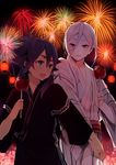  aerial_fireworks afuro_terumi bad_id bad_pixiv_id blue_eyes blue_hair candy_apple fireworks food inazuma_eleven_(series) inazuma_eleven_go japanese_clothes kimono kishibe_taiga lantern long_hair male_focus multicolored_hair multiple_boys older open_mouth paper_lantern ponytail purple_hair red_eyes tokio_neo two-tone_hair yukata 