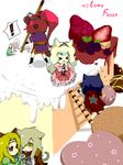  &gt;_&lt; 3girls animal_ears ann606 bear_ears cake cape cat_ears chibi closed_eyes cookie couple dessert dress flower food fruit kamina ladder multiple_boys multiple_girls nia_teppelin simon tegaki tengen_toppa_gurren_lagann tengen_toppa_gurren_lagann:_parallel_works tsuuma viral yoko_littner 