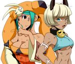  animal_ears aqua_hair aqua_lipstick bandaid bare_shoulders blue_eyes bob_cut breasts bruise cat_ears cerebella_(skullgirls) cha_shibu cleavage commentary_request dark_skin detached_sleeves dress eyeshadow facial_tattoo hat injury large_breasts lipstick living_clothes makeup midriff ms._fortune_(skullgirls) multiple_girls scar short_dress short_hair skullgirls sweat tattoo underboob vice-versa_(skullgirls) white_hair 