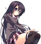  arikawa_satoru black_eyes black_hair black_legwear blush book long_hair pleated_skirt school_uniform simple_background sitting skirt solo thighhighs white_background yahari_ore_no_seishun_lovecome_wa_machigatteiru. yukinoshita_yukino 