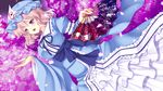  asazuki_kanai cherry_blossoms dress dutch_angle fan folding_fan frills goshoguruma hat hexagon long_sleeves open_mouth petals pink_hair purple_eyes saigyouji_yuyuko saigyouji_yuyuko's_fan_design shippou_(pattern) smile touhou triangular_headpiece 