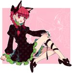  animal_ears blush bow braid cat_ears dress extra_ears fang hair_bow kaenbyou_rin leg_ribbon legs long_hair looking_at_viewer mochiya_marosuke nail_polish red_eyes red_hair ribbon sitting smile solo touhou twin_braids twintails 