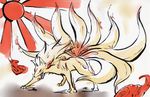  fur gen_1_pokemon highres multiple_tails ninetales no_humans ookami_(game) parody pokemon pokemon_(creature) rising_sun style_parody sukoru sunburst tail traditional_media 