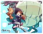  artist_name boots broom broom_riding brown_hair cap_(caplin) dated dragon hat kagari_atsuko little_witch_academia long_hair open_mouth red_eyes witch witch_hat 