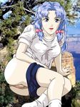  1girl blue_eyes blue_hair censored el_hazard ifurita long_hair pants_down pussy socks solo tukasa 