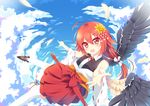  :d ahoge bad_id bad_pixiv_id cloud day detached_sleeves feathered_wings looking_at_viewer nibiiro_shizuka open_mouth original pleated_skirt reaching red_eyes red_hair shoes skirt sky smile solo thighhighs white_legwear wings zettai_ryouiki 