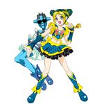  arm_warmers black_hair blonde_hair blue_eyes blue_skirt boots bug butterfly cosplay cure_aqua cure_aqua_(cosplay) cure_dream cure_dream_(cosplay) detached_sleeves double_bun frilled_skirt frills half_updo insect jojo_no_kimyou_na_bouken kuujou_jolyne long_hair ltd_border magical_girl midriff multicolored_hair multiple_girls navel parody pose precure ribbon simple_background skirt stand_(jojo) standing stone_free style_parody sunglasses two-tone_hair white_background wrist_cuffs yes!_precure_5 